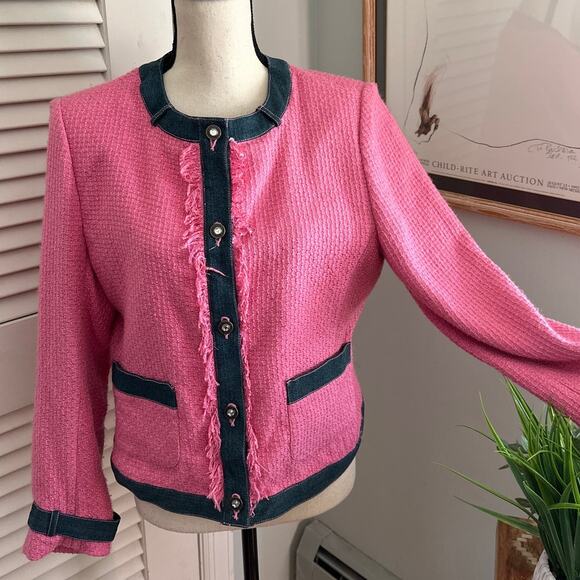 Vintage CAROLE LITTLE Womens Jacket PL Pink Textured Silk Blend Fringe Preppy - Picture 1 of 12